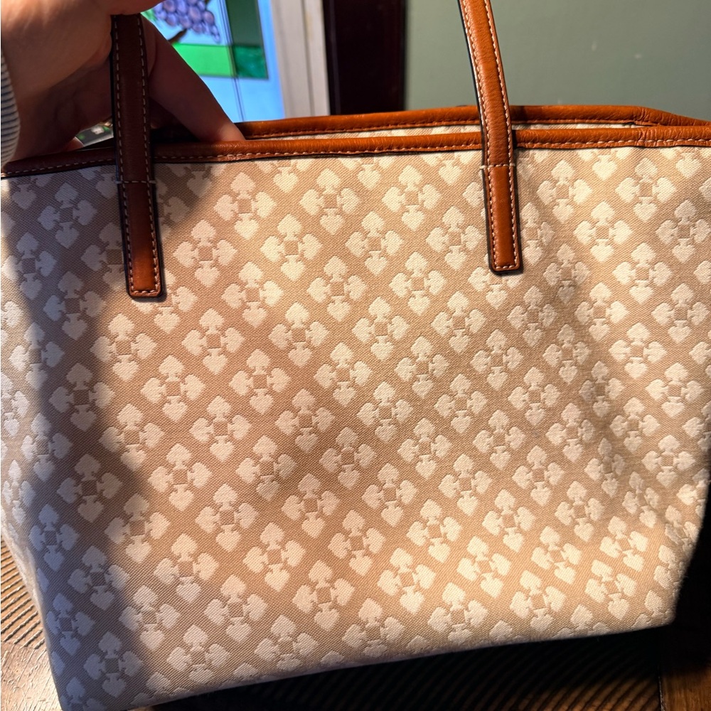 Kate Spade Beige Monogram Tote with Pink and Red Stripe - Picture 6 of 8